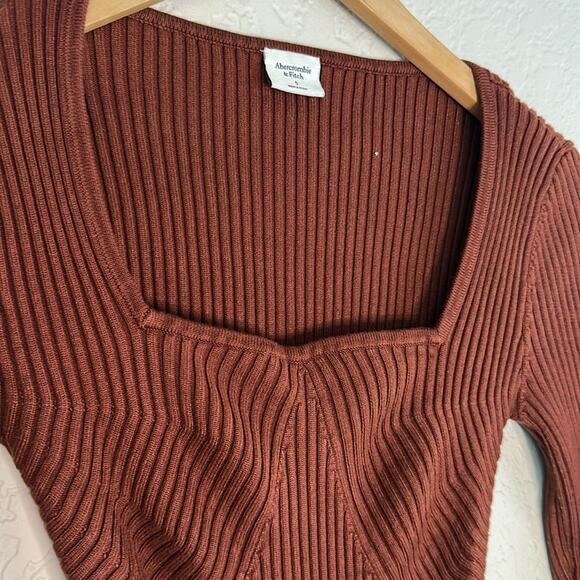 A&F Ribbed Dark Brown Bodysuit Square Neck Thong Neutral Minimalist Long Sleeve - Picture 4 of 6